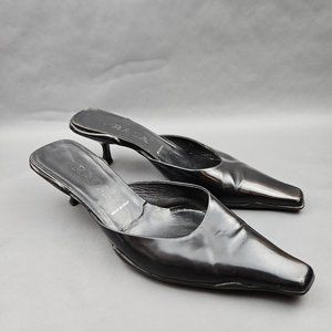 Vintage Prada Mules Black Leather Womens Size 9 EU 39 Square Toe Kitten Heels